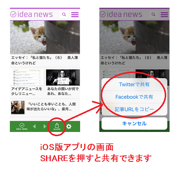 iOS版のアイデアニュースアプリには「SHARE」ボタンがあり、表示中の記事を簡単に共有することができます