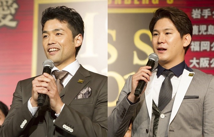 クリス役の上野哲也さん（左）と小野田龍之介さん＝ミュージカル『ミス・サイゴン』製作発表より、撮影・岩村美佳