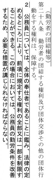 「勤労者の団結権等」について定めた28条＝自民党憲法改正草案より