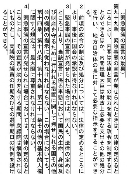 「緊急事態の宣言の効果」について定めた99条＝自民党憲法改正草案より