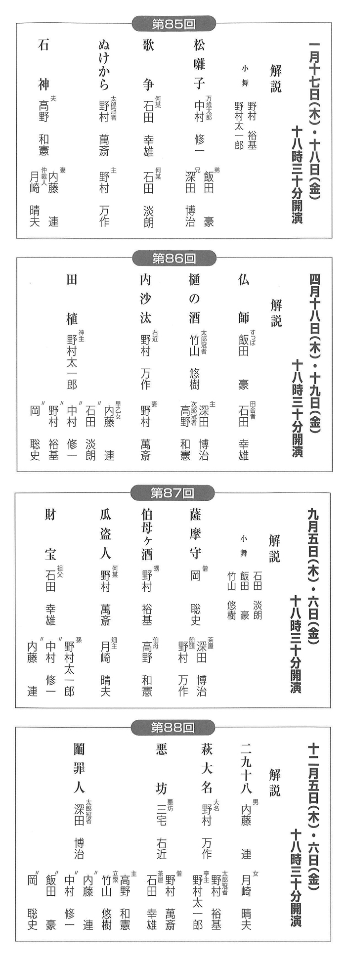 平成31年度の「野村狂言座」（演目・配役などは変更される場合があります）