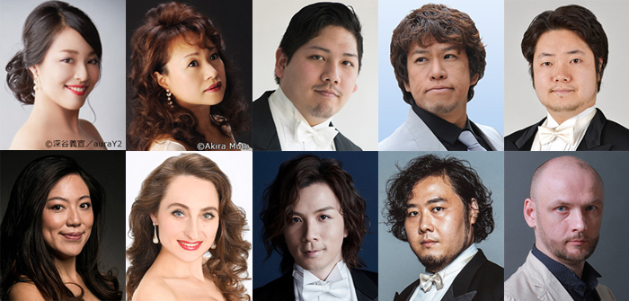 NISSAY OPERA 2021『カプレーティとモンテッキ』に出演する（上段左から）山下裕賀さん、佐藤美枝子さん、工藤和真さん、須藤慎吾さん、狩野賢一さん、（下段左から）加藤のぞみさん、オクサーナ・ステパニュックさん、山本耕平さん、田中大揮さん、デニス・ビシュニャさん