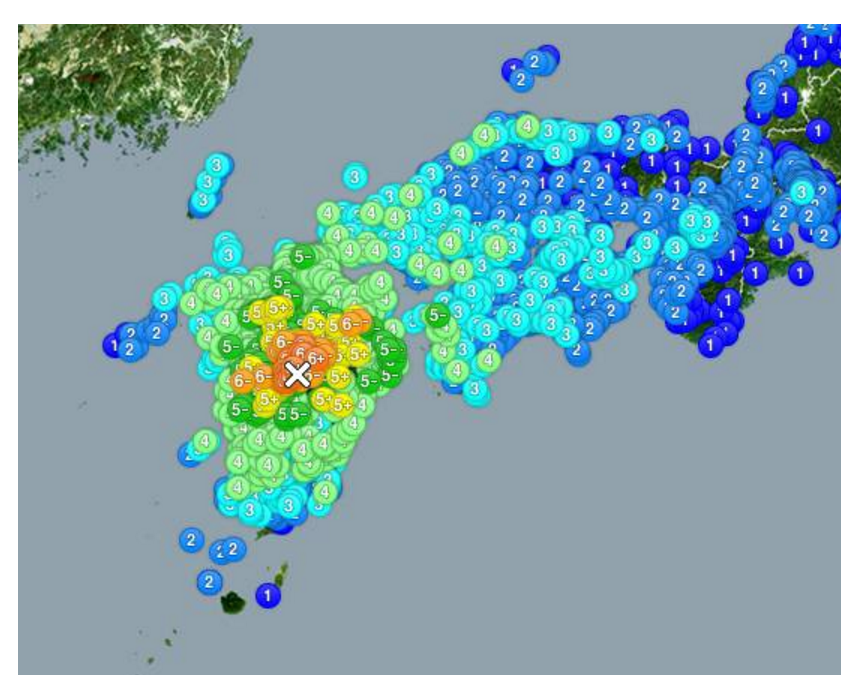 2016年4月16日1點25分左右的地震情報（轉載自 日本氣象協會 tenki.jp）