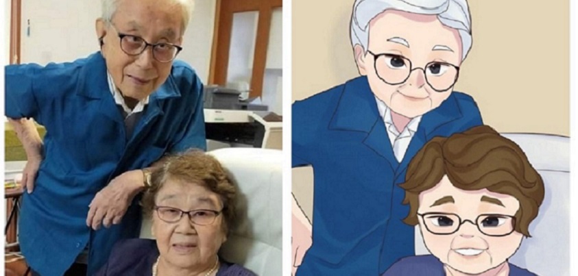 筆者の両親の写真：父の誕生日に撮った記念写真をデジタルアートにしてもらいました。描いたのはCHIBI CHANさん